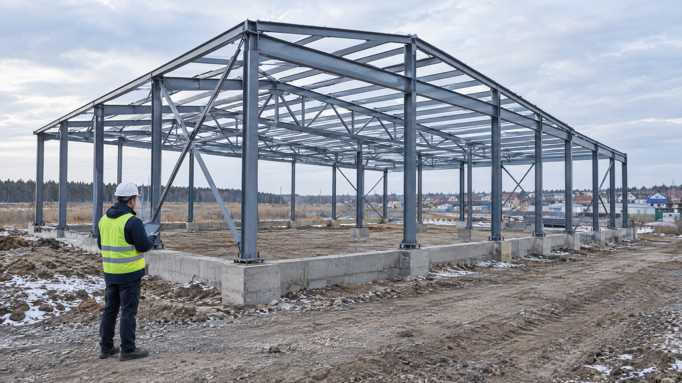 Инженер осматривает стальной каркас ангара и окружение строительной площадки перед расчетом нагрузок